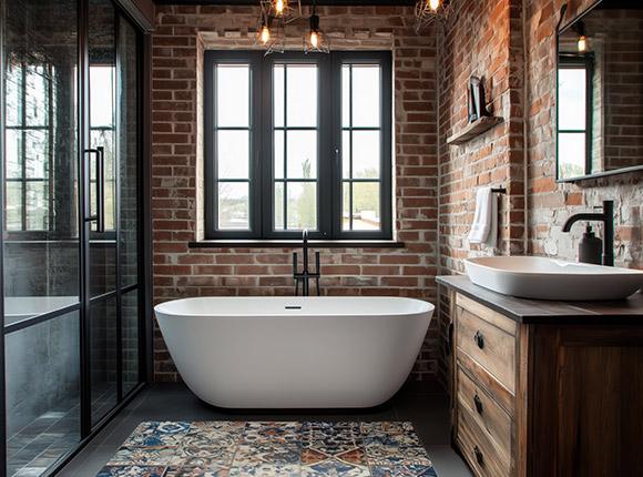 Bagno in stile industriale con mattoni a vista
